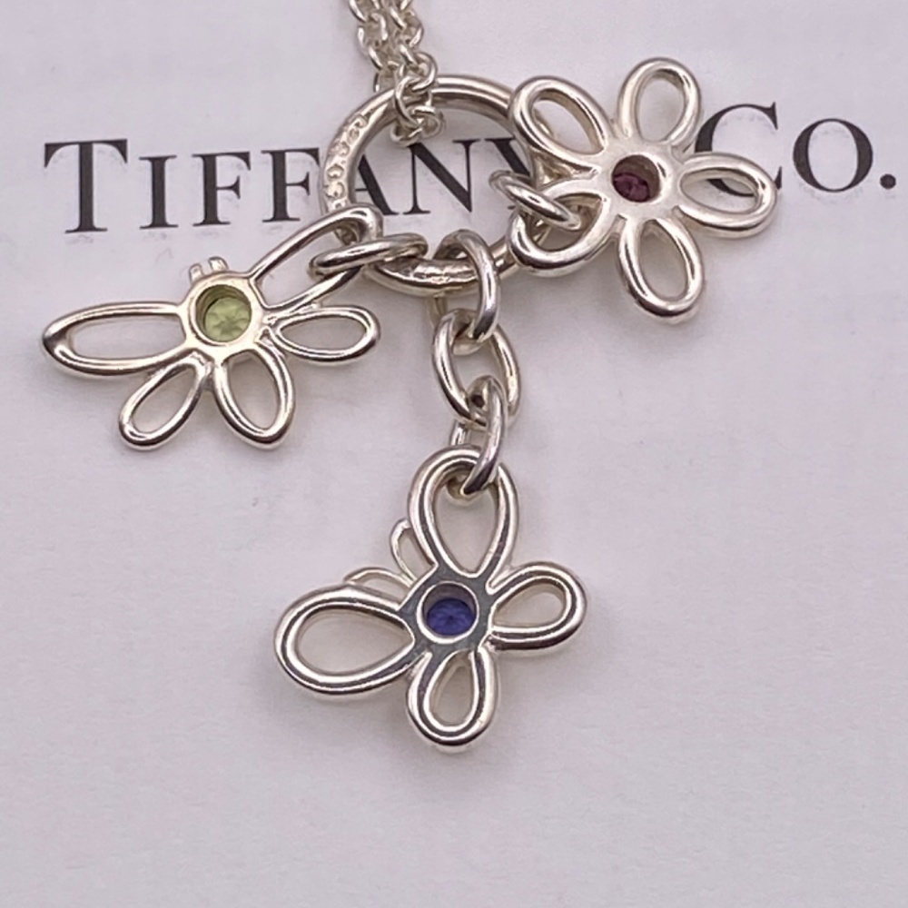 Tiffany & Co.Silver Butterfly dragonfly Flower Gemstone 16" Necklace W/box 925 - Picture 5 of 10